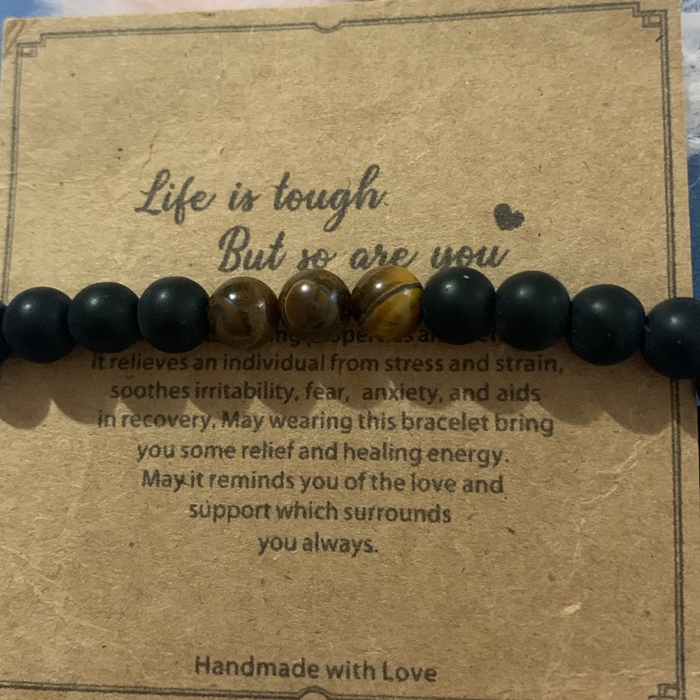 BRACELET TIGERS EYE AND NATURAL STONE “LIFE IS TOUGH BUT SO ARE YOU” STRETCHY